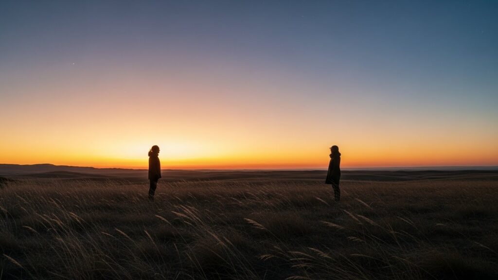 夕陽のもとで見つめあっている二人。画像。