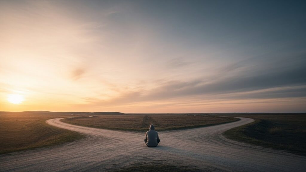 砂浜の真ん中に座り、人生を考えている男の人のイメージ画像