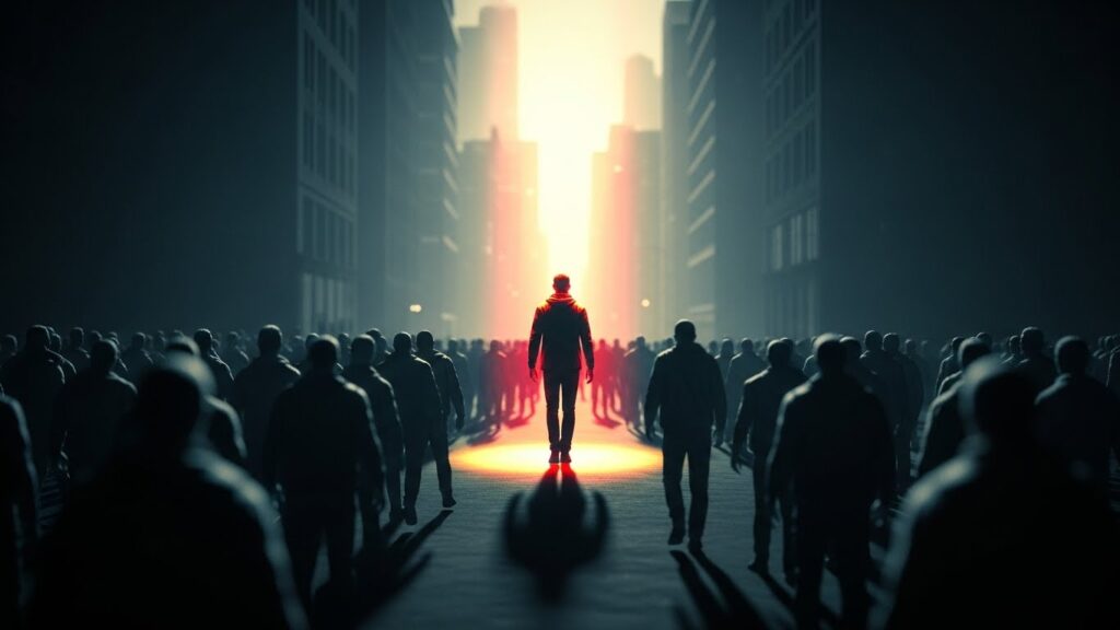 大衆の中で、一人にスポットライトが当たっているというイメージ図