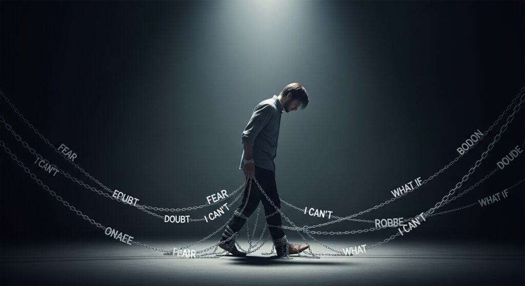 「悪い思い込みが足を引っ張っている」というイメージ図