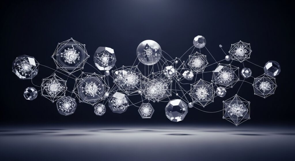 様々な要素が蜘蛛の巣状につながりあう抽象的なイメージ画像