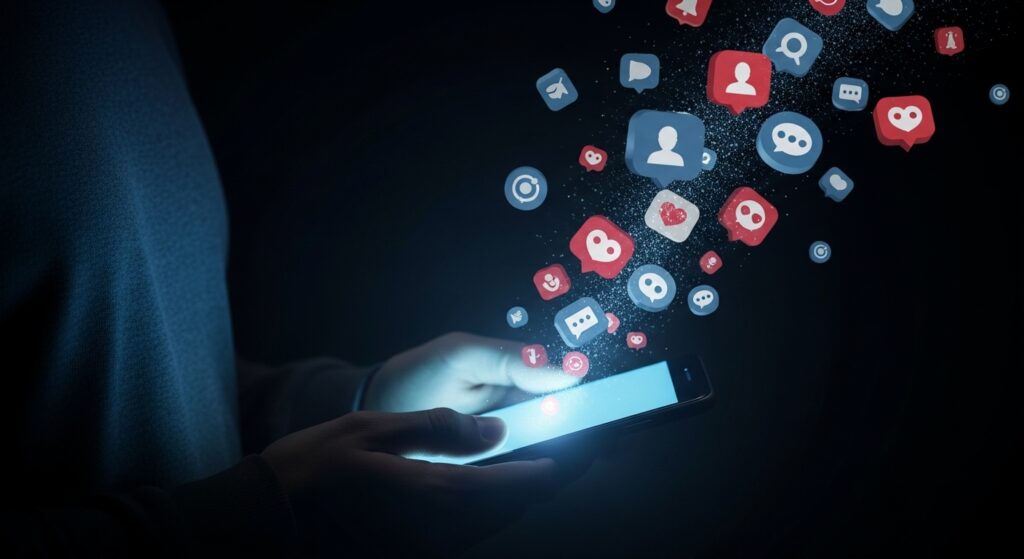 スマホからSNSの情報があふれだしてきているイメージ画像。抽象的