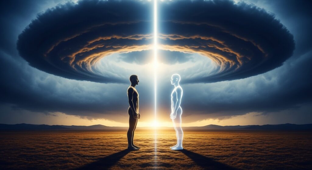 一人ん男がもう一人の自分と向き合っている