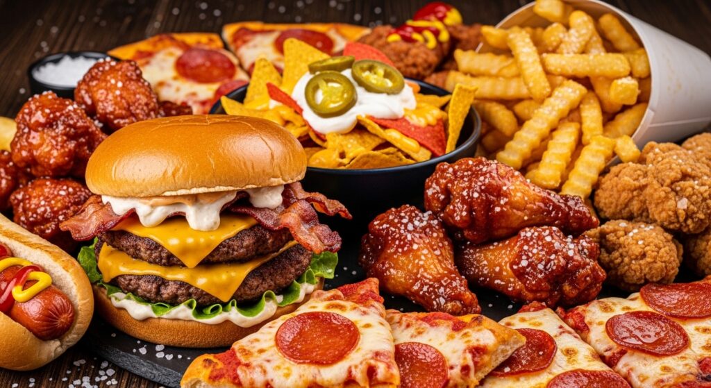 大量のジャンクフード。ピザやハンバーガー、フライドチキンやフライドポテトたち