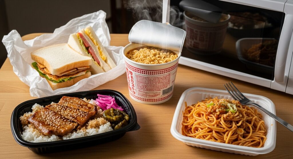 コンビニ飯たち。パスタ、弁当やサンドイッチなど。