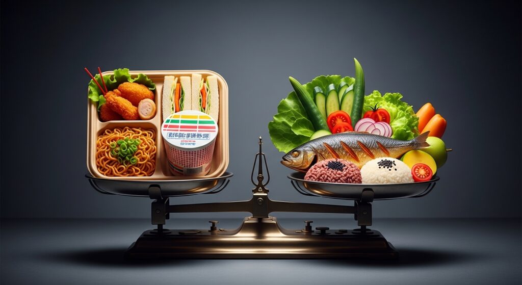 ジャンクフードと健康的な食事の量が比べられている