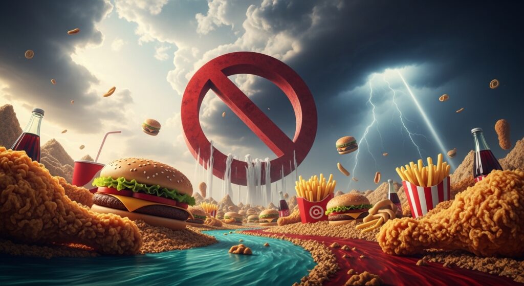 大量のジャンクフードの上にNGのマークがある。ジャンクフード禁止