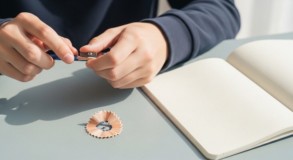 鉛筆を削る男性。