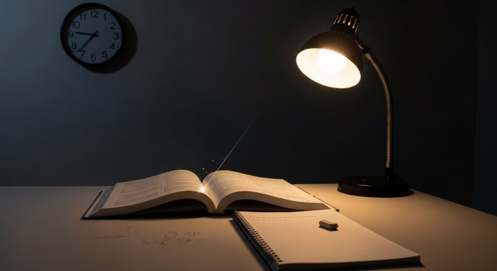 机の上にノートと教科書、デスクライトが置いてある