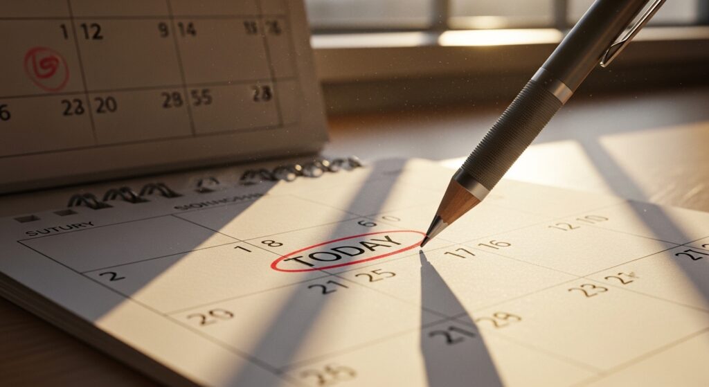 カレンダーで、今日の日付にマークをしている