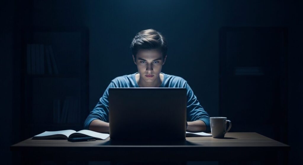 パソコンを使って勉強をしている男性。暗い中でも勉強中