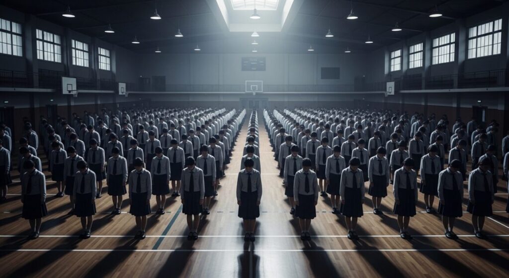 体育館に生徒が整列している。奴隷のように。