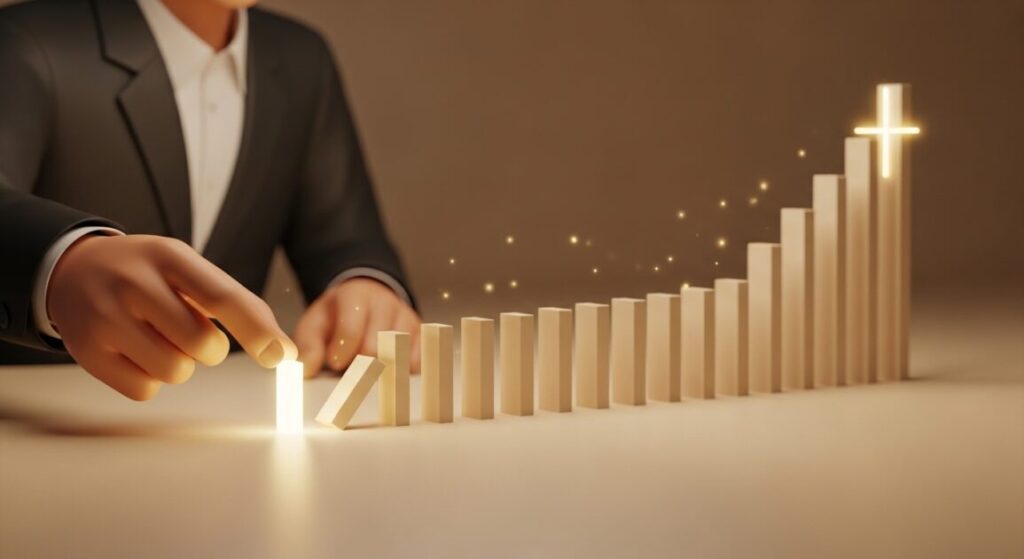 ドミノを倒そうとしている男性。日々の積み重ねの比喩表現