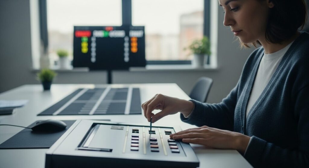 機械に情報をインプットしている女性。