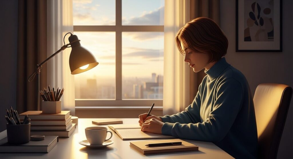 朝の時間に集中して作業に取り組む女性