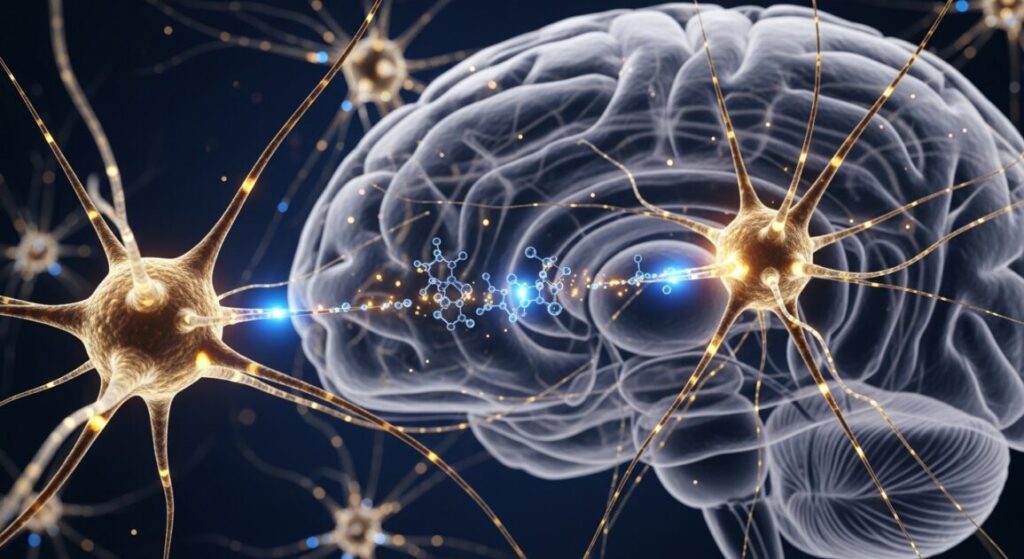 脳のニューロンとドーパミンのイメージ