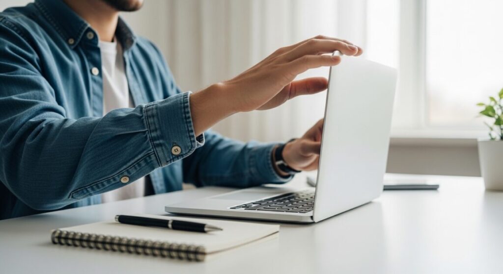 パソコンを開いている男性