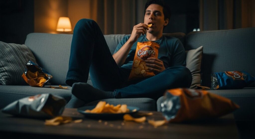 ポテトチップスを食べながら映画を見る男性